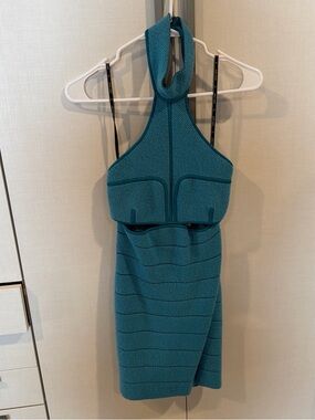 Herve Leger Teal Halter Cutout Bandage Mini Dress